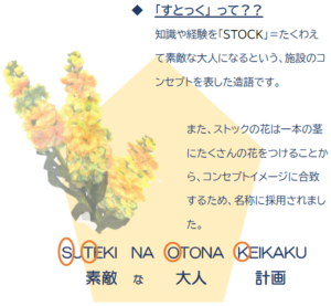 すとっくって？知識や経験を「STOCK」＝たくわえて素敵な大人になるという、施設のコンセプトを現した造語です。